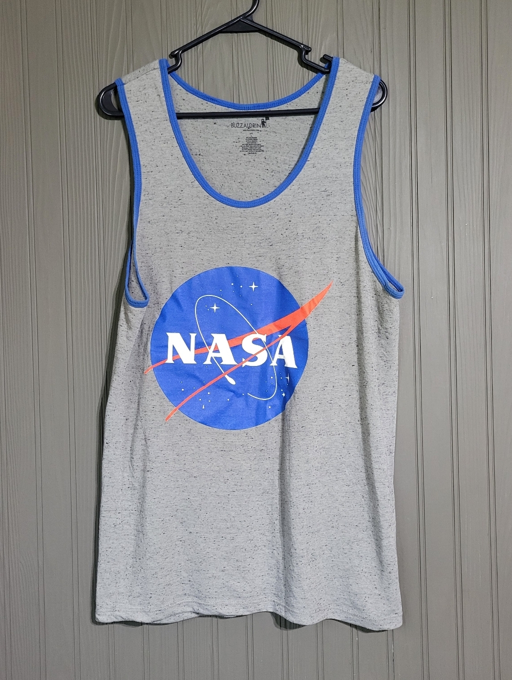 Buzz Aldrin Sleeveless Tank Top "NASA" Graphic Logo Gray Blue Trim Men's Large
